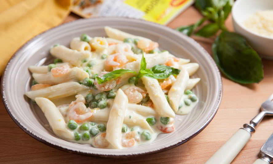 Рецепт пасты с креветками и зеленым горошком в сливочном соусе