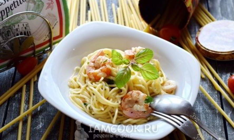 Рецепт спагетти с креветками в сливочном соусе