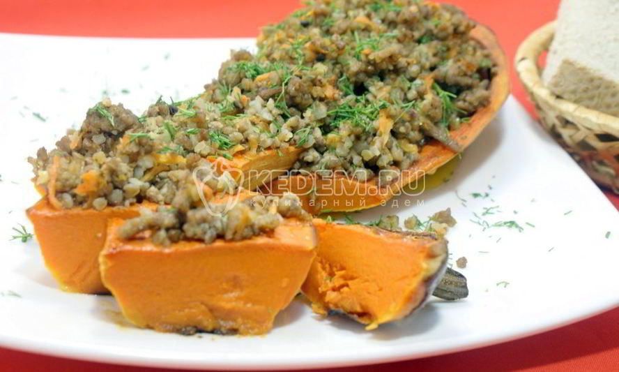 Рецепт запеченной тыквы с фаршем и гречкой