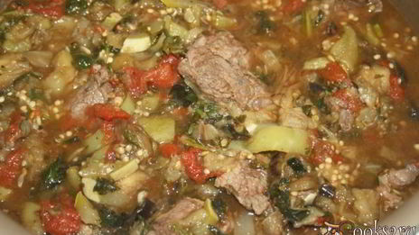 рагу с говядиной и овощами, запеченными на мангале