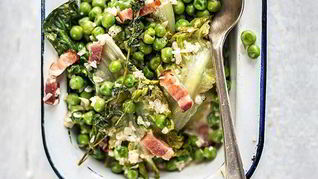 Тушеный салат романо с копченым беконом и зеленым горошком