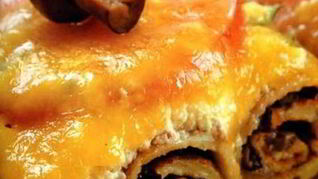 Блины с грибами, запеченные c творогом и сыром