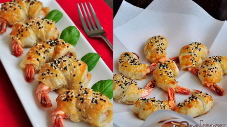 мини-круассаны с креветками и прошутто