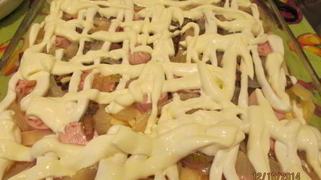 картофельная запеканка с сосисками и грибами