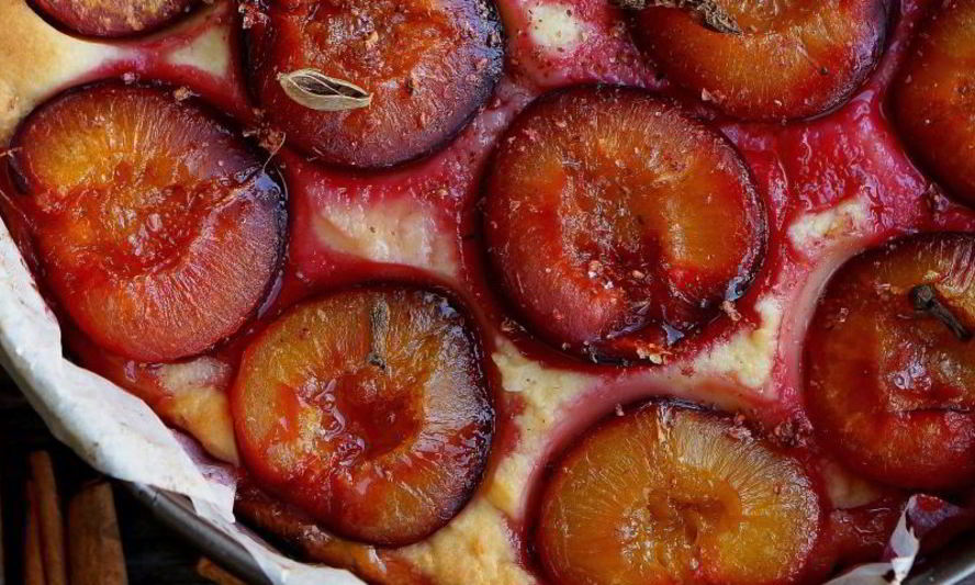 Рецепт творожного пирога — запеканки с сочными сливами