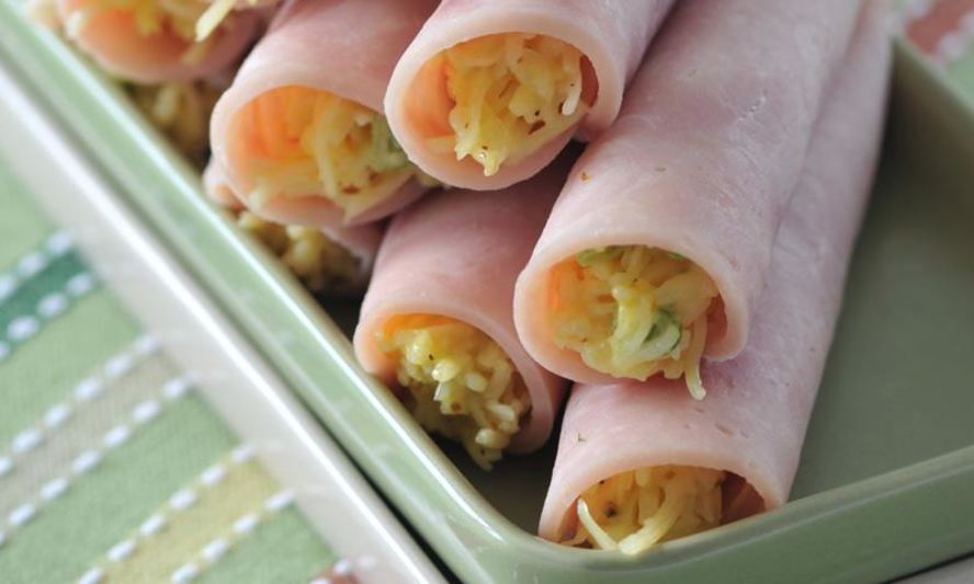 Рецепт рулетов из ветчины с сырной начинкой