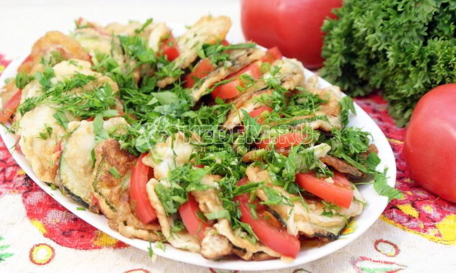 Рецепт закуски из кабачков с помидорами и зеленью